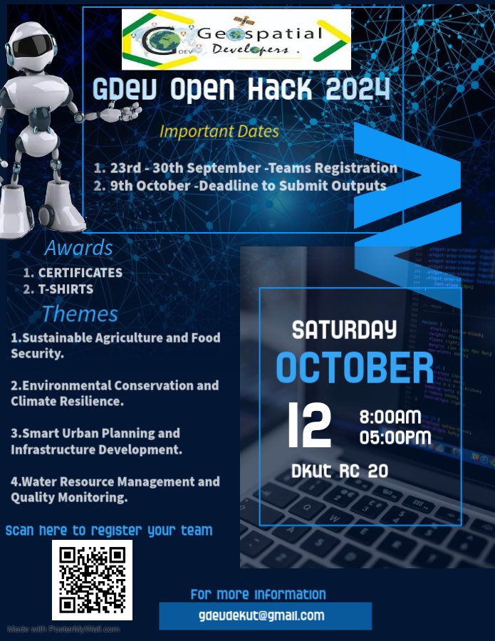🚀 Join us for the #GDEVOpenHack 2024 at DeKUT! 🖥️🤖 📅 Date: October 12, 2024 ⏰ Time: 8:00 AM - 5:00 PM 📍 Venue: RC 20, DeKUT
Themes: 🌾 Sustainable Agriculture 🌍 Climate Resilience 🏙️ Urban Planning 💧 Water Management
Prizes 🏆: Certificates &amp; T-shirts!
 #Tech4Good #DeKUT