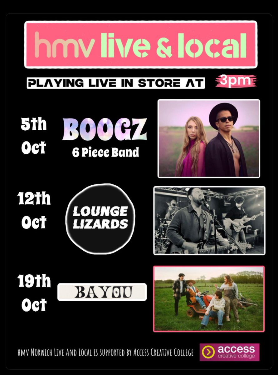 hmv Norwich (@hmvnorwich) on Twitter photo Saturdays we go live and local in store with great live bands, playing free for you to discover.
Next BOOGZ, full band gig.
Sharing love through music they jump across Jazz, Soul and Bossa Nova.
SATURDAY AT 3pm.
.
#hmvLiveAndLocal #Norwich #NorwichMusic
<a href="/Access_Creative/">Access Creative College</a> alumni Saturdays we go live and local in store with great live bands, playing free for you to discover.
Next BOOGZ, full band gig.
Sharing love through music they jump across Jazz, Soul and Bossa Nova.
SATURDAY AT 3pm.
.
#hmvLiveAndLocal #Norwich #NorwichMusic
<a href="/Access_Creative/">Access Creative College</a> alumni