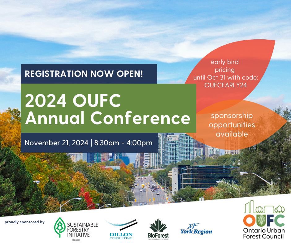 Ontario Urban Forest Council (@oufc_canada) on Twitter photo 🌳📢Registration is OPEN for the 2024 Ontario Urban Forest Virtual Conference on Nov 21! Early rates available until Oct 31.
REGISTER: shorturl.at/45mio
Thanks to our sponsors! <a href="/sfiprogram/">Sustainable Forestry Initiative</a> <a href="/LallemandForest/">Lallemand Plant Care - Forestry</a> @Consult_Dillon <a href="/YorkRegionGovt/">York Region</a> 🌳📢Registration is OPEN for the 2024 Ontario Urban Forest Virtual Conference on Nov 21! Early rates available until Oct 31.
REGISTER: shorturl.at/45mio
Thanks to our sponsors! <a href="/sfiprogram/">Sustainable Forestry Initiative</a> <a href="/LallemandForest/">Lallemand Plant Care - Forestry</a> @Consult_Dillon <a href="/YorkRegionGovt/">York Region</a>