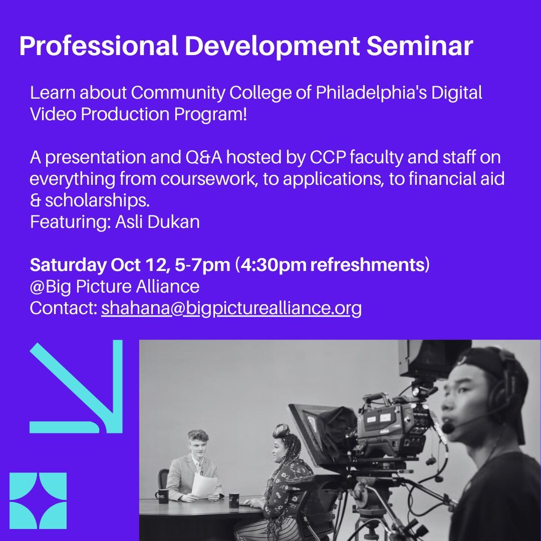 Big Picture Alliance (@bpaphilly) on Twitter photo Join us for our Second Saturday professional development series. This session, we’ll learn about the <a href="/CCPedu/">Community College of Philadelphia</a>'s Digital Video Production Program!
Click here to RSVP: buff.ly/4dnjIP3 Join us for our Second Saturday professional development series. This session, we’ll learn about the <a href="/CCPedu/">Community College of Philadelphia</a>'s Digital Video Production Program!
Click here to RSVP: buff.ly/4dnjIP3