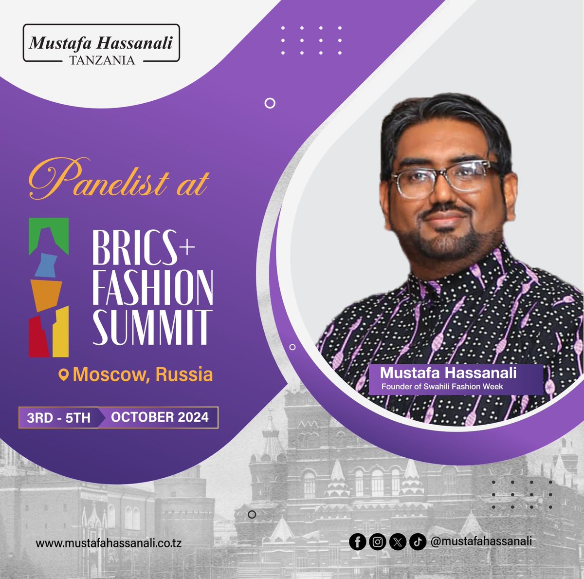 Mustafa Hassanali (@mustafahasanali) on Twitter photo Tanzania is amongst 93 countries invited for the BRICS - Fashion summit in Moscow, Russia
I am honoured and humbled to represent the United Republic of Tanzania as a panellist.
Cc <a href="/mfa_tanzania/">MFA Tanzania</a> <a href="/mahmoudkombo/">mahmoud Kombo</a> Tanzania is amongst 93 countries invited for the BRICS - Fashion summit in Moscow, Russia
I am honoured and humbled to represent the United Republic of Tanzania as a panellist.
Cc <a href="/mfa_tanzania/">MFA Tanzania</a> <a href="/mahmoudkombo/">mahmoud Kombo</a>
