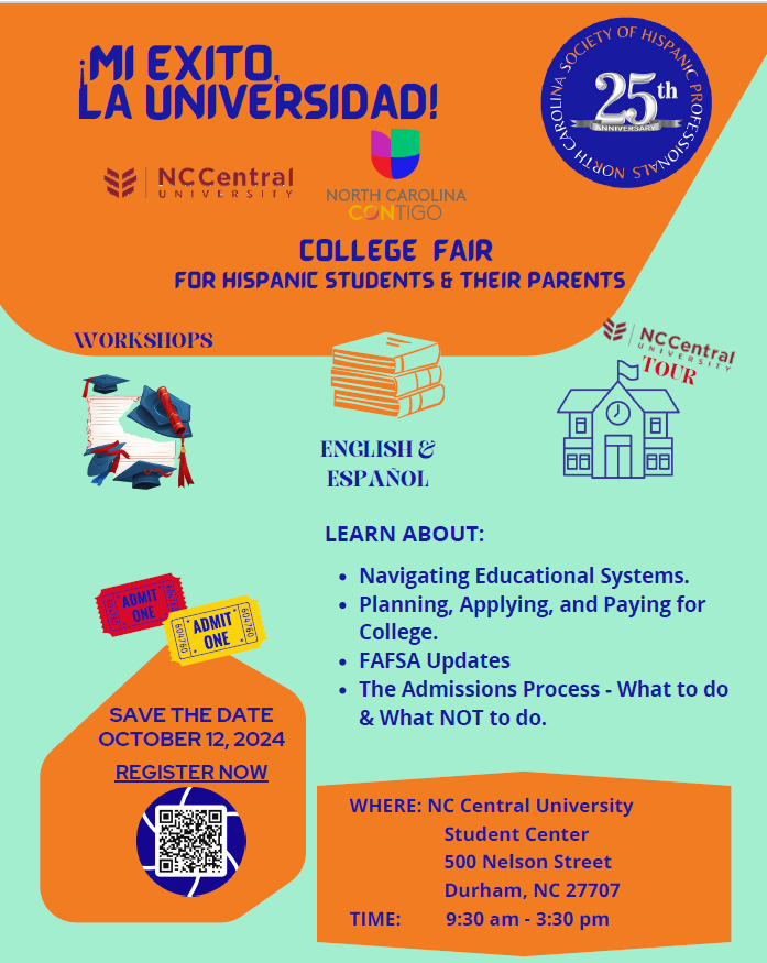 📣Mi Existo, Mi Universidad College Fair Summit on Saturday, October 12th, from 9:30 a.m. to 3:30 p.m. At the North Carolina Central University, Student Center. 500 Nelson Street, Durham, NC. 27707. Key information on the college/university admissions process. <a href="/Garner_HS/">Garner High School</a>