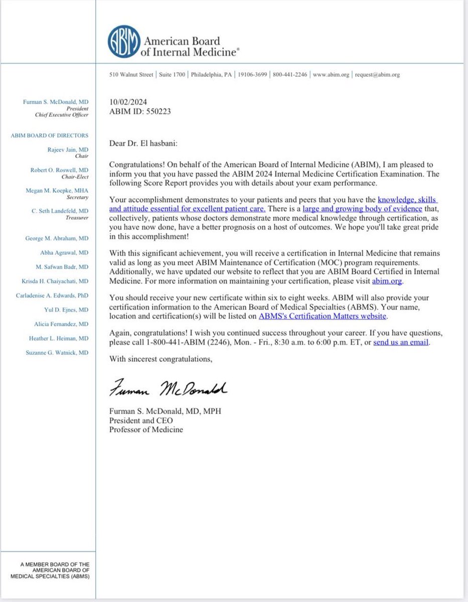 I am delighted to share this milestone: I have been certified by the American Board of Internal Medicine. Very grateful to all those who supported me throughout this journey.
#ABIM #InternalMedicine #Milestone