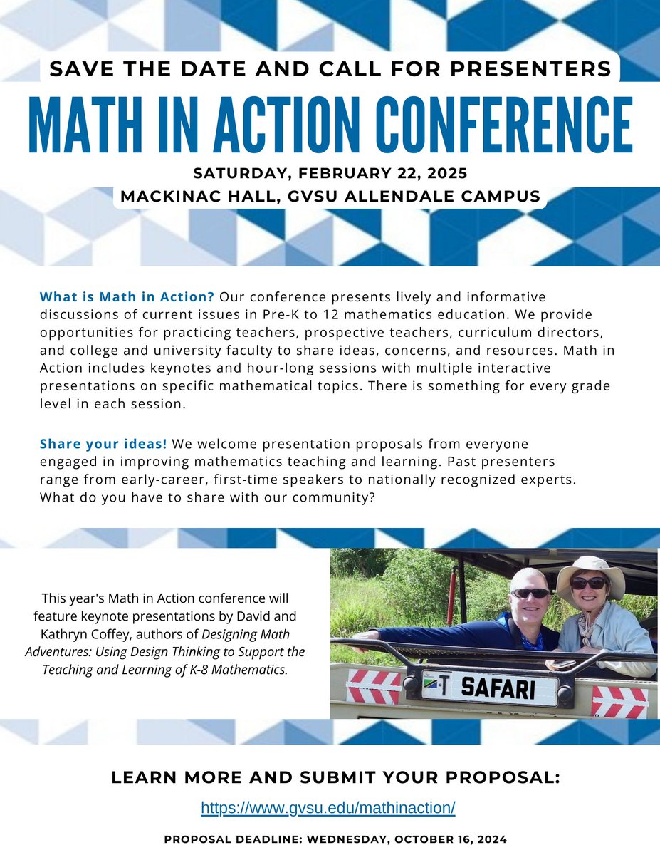 Exciting news! David and Kathryn Coffey will be our keynote speakers at Math in Action 2025! 

There's still time to submit your presentation proposals, but the deadline is coming up fast—October 16, 2024. Don't miss the chance to present and learn from these inspiring keynotes