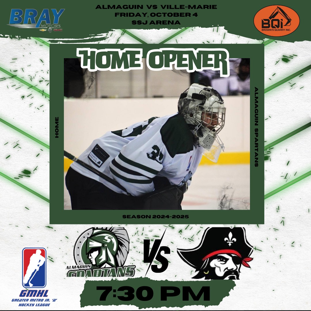Home Opener!!!

The Almaguin Spartans kick off the 2024-2025 campaign at home this Friday against the Ville Marie Pirates. Warm up is 7:00, Puck Drop is 7:30. We will have merchandise for sale, chuck a puck, 50/50, Shoot to Win and a Cash Bar.