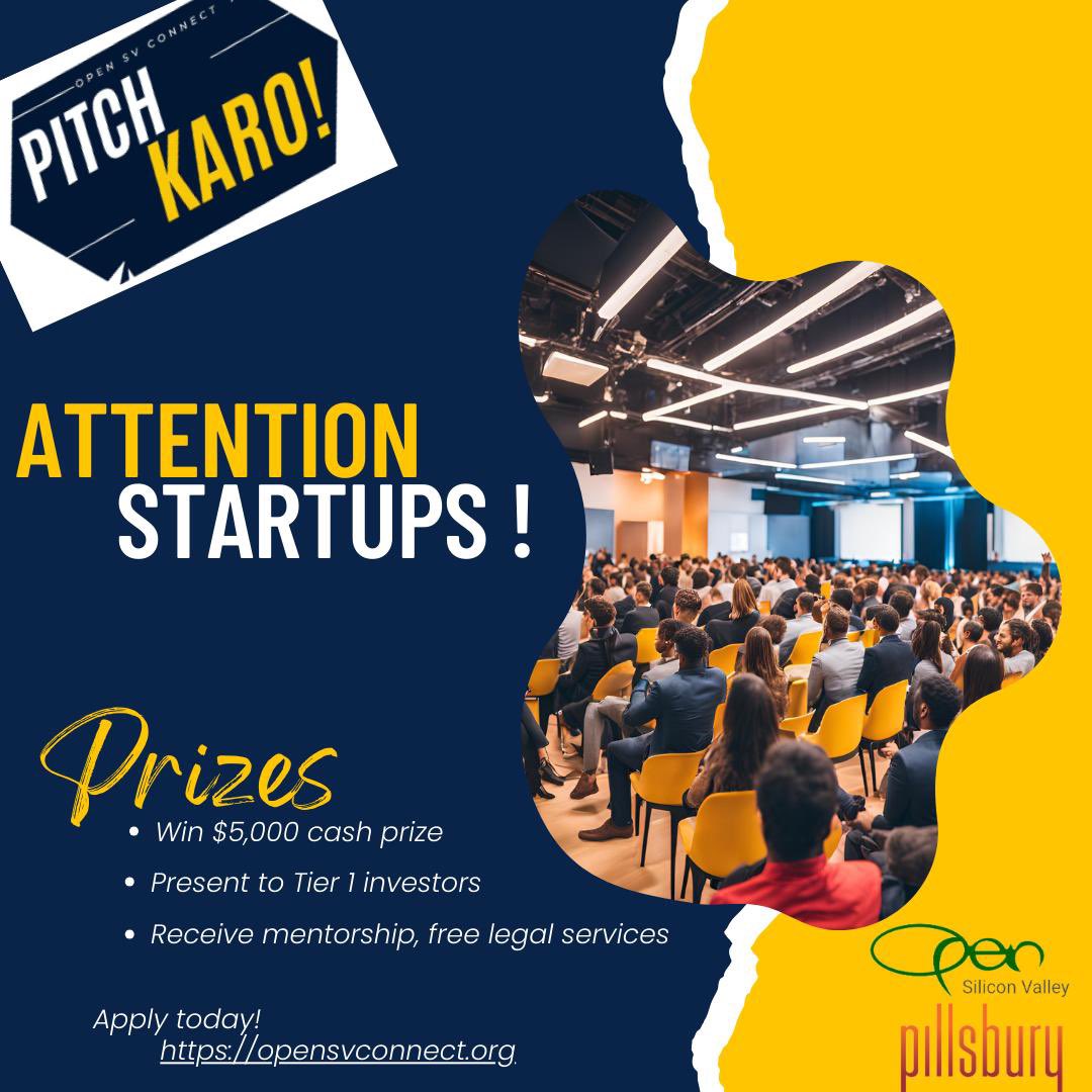 🚀 Startups, apply now for Pitch Karo! Win a $5,000 cash prize &amp; pitch to Tier 1 investors in the Bay Area. Finalists get mentorship, legal services, &amp; promotion. Over 1,000 attendees expected!

🗓️ Deadline: Oct 12, 2024  
🔗 More info: opensvconnect.org

#PitchKaro #AF24