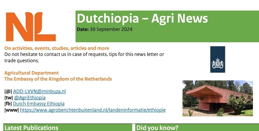 🔔 The latest #Dutchiopia is out! ✨ Have you received it yet? If not, read the Septembe edition on  agroberichtenbuitenland.nl/landeninformat…  … Subscribe by mailing ADD-LVVN@minbuza.nl to not miss out on any future editions.
<a href="/NLinEthiopia/">NL Embassy Ethiopia</a>