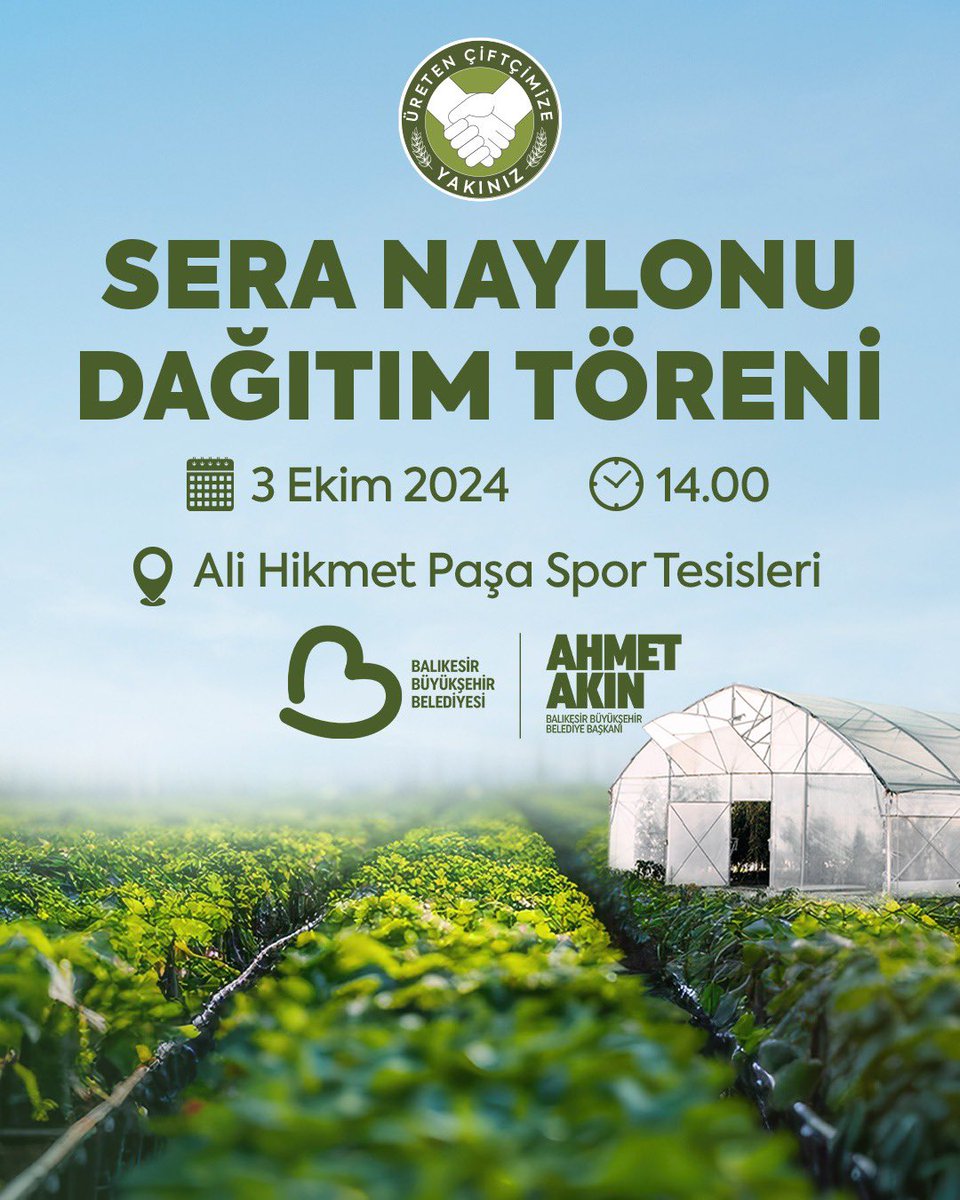 ahmetakin's tweet photo. Çiftçimize Destek Programı yeni desteklerimizle devam ediyor.

Plastik sera naylonu dağıtımı gerçekleştireceğimiz törenimize tüm hemşehrilerimizi davet ediyorum.

🗓️ Tarih: 3 Ekim Perşembe
⏰ Saat: 14.00
📍 Yer: Ali Hikmet Paşa Spor Tesisleri https://t.co/gNOGbqhTNq