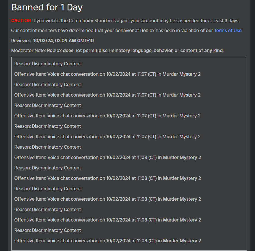 _TarzyD_'s tweet image. 1/2 #SaveRoblox  decided to reupload, ROBLOX has a shitty auto detection for voice chat. My 10 year old account is now banned for 1 day because of roblox VC. 
All i said was "autism" with no intention of being a retard/discriminatory towards others