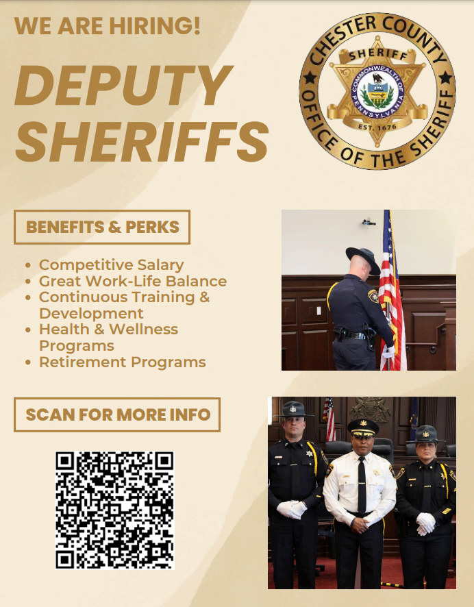 CCSOPA's tweet photo. Ready to Serve?

We are hiring Deputy Sheriffs to protect and serve our great county!
Join the Chester County Sheriff's Office today! You can apply by scanning the QR code on the flyer or using this link: https://t.co/eSTpNhQVQ3

#LawEnforcementCareers #Hiring https://t.co/lC81USz0VG