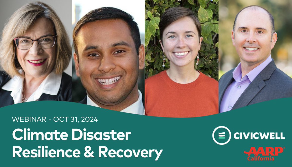 CivicWell (@civicwellorg) on Twitter photo Join our next webinar, Climate Disaster Resilience & Recovery, on 10/31, as we discuss how local communities can make the most of state and federal #funding to prepare for and respond to extreme weather events.
civicwell.org/civic-events/c…
Sponsored by <a href="/AARPCA/">AARP California</a> Join our next webinar, Climate Disaster Resilience & Recovery, on 10/31, as we discuss how local communities can make the most of state and federal #funding to prepare for and respond to extreme weather events.
civicwell.org/civic-events/c…
Sponsored by <a href="/AARPCA/">AARP California</a>