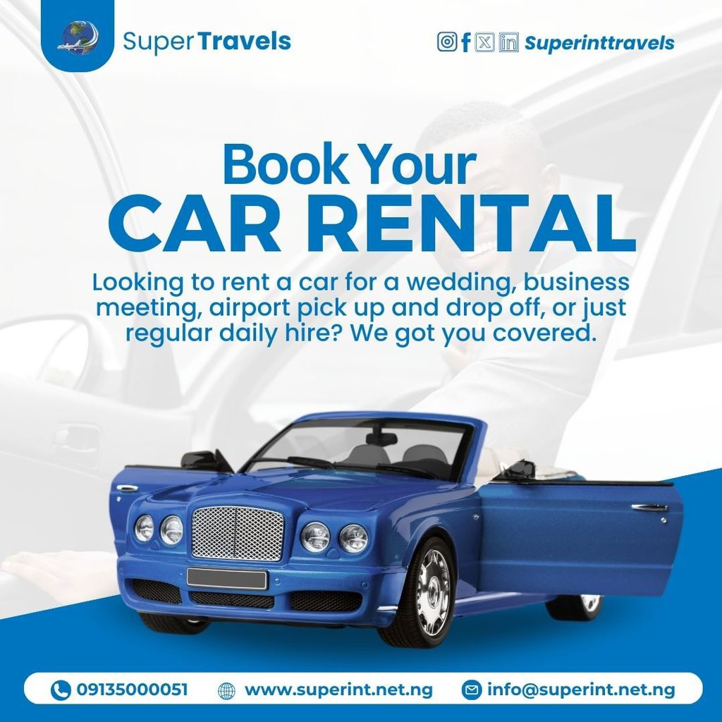 SuperIntTravels's tweet image. Book with us for reliable, convenient, and Stress-free car rentals. Whether it’s for a special event or daily commute, we’re here for you! 🚘

#CarRental #TravelConvenience #EventTransport #AirportTransfer #SuperTravels #SuperInternational #AviationLegacy #Explore #SuperTravels