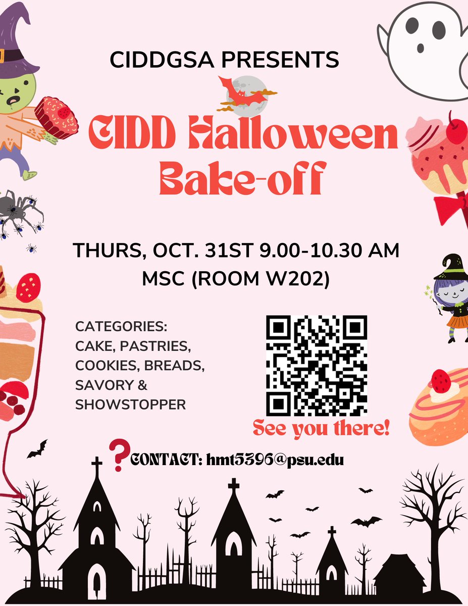 🎉 Happy New Month, bakers! It’s finally time to get whisked away! 🍰✨ Save the date for the ultimate <a href="/ciddpsu/">CIDD</a> <a href="/CIDDGrads/">CGSA</a> halloween themed bake-off. Can’t wait to taste your baked goods ! Let’s brew up some scary treats 👻🦠#CIDD #CGSA #BakeOff #GetBaking