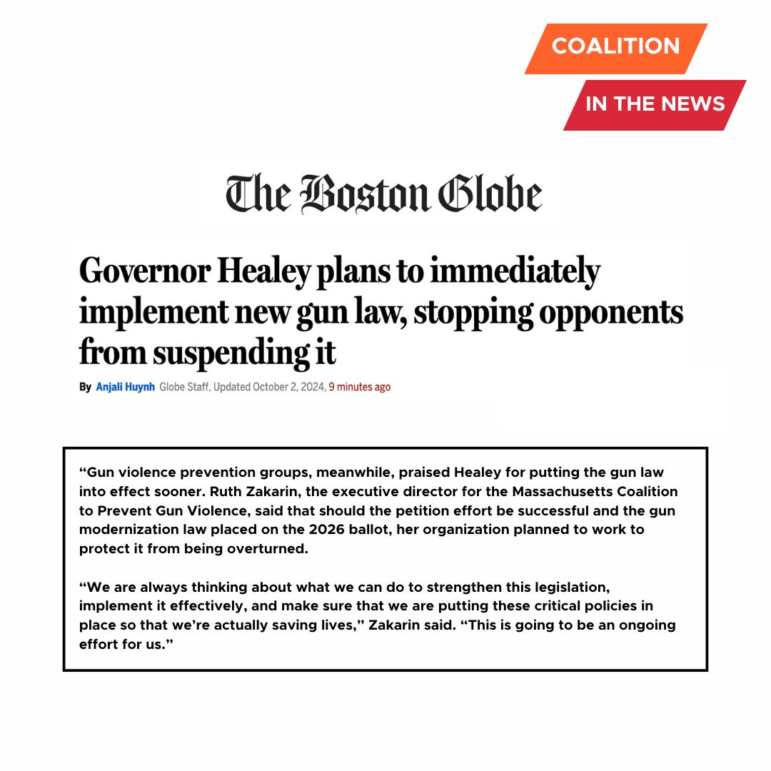 MA Coalition to Prevent Gun Violence (@macopgv) on Twitter photo Coalition CEO Ruth Zakarin spoke to the Boston Globe about Governor Healey signing an emergency preamble to the omnibus gun safety bill today.
Read the full article here: buff.ly/3XTjSIb Coalition CEO Ruth Zakarin spoke to the Boston Globe about Governor Healey signing an emergency preamble to the omnibus gun safety bill today.
Read the full article here: buff.ly/3XTjSIb
