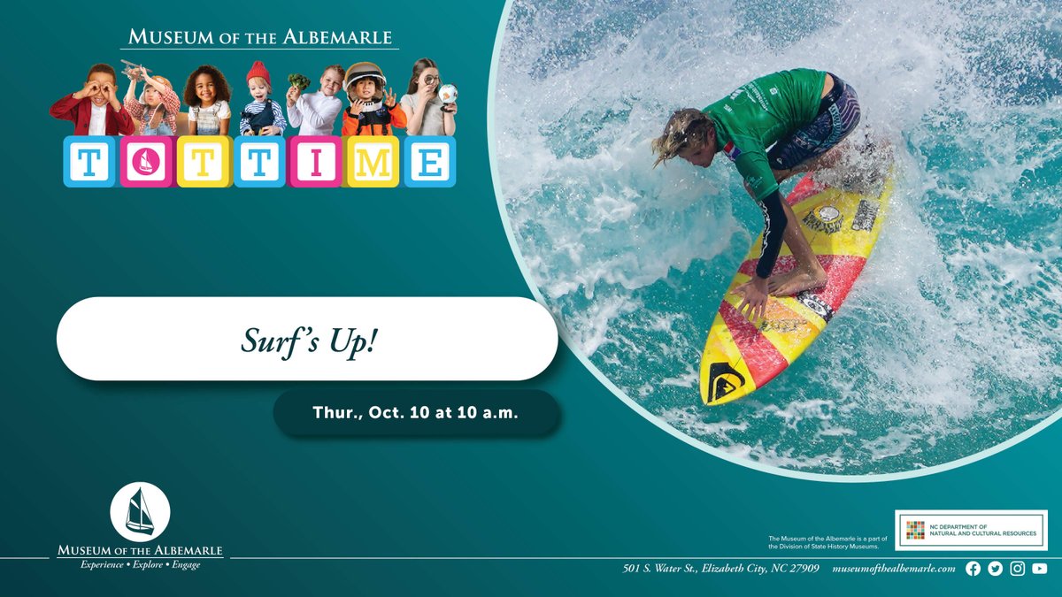 Bring the kiddos next Thursday and discover the story of surfing on the Outer Banks as we explore the museum's newest exhibit, Where the Waves Break. Read a book and participate in a hands-on activity! 🌊