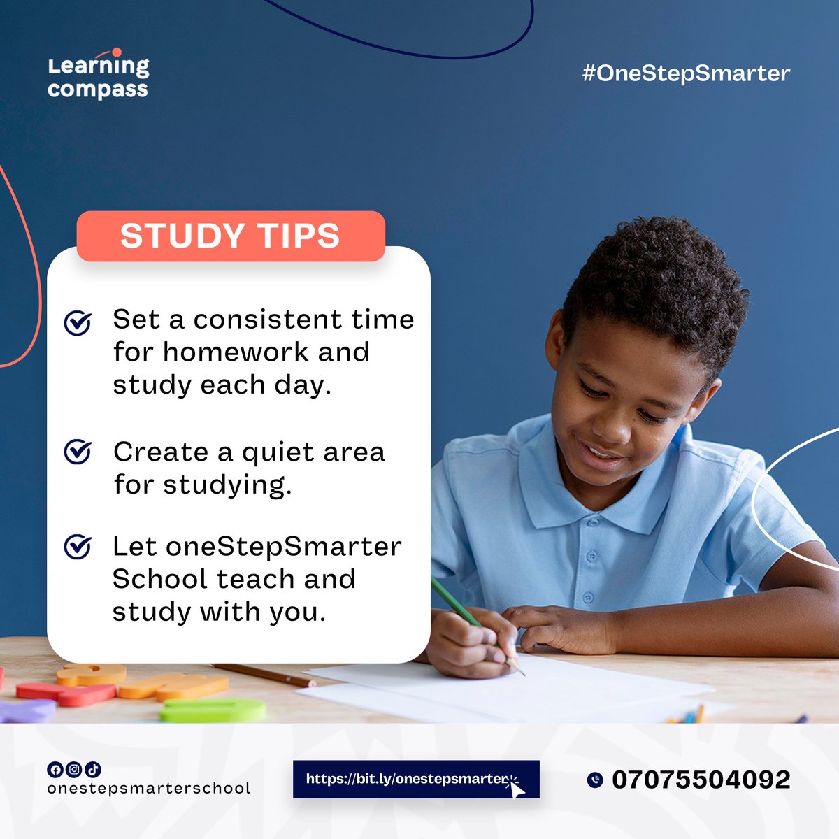 OnestepsmarterS's tweet photo. Study Smarter with oneStepSmarter School
Transform your study habits with these simple tips. Consistent study times and quiet areas are the first steps
#OneStepSmarter #AcademicSuccess https://t.co/uFQUKCNLgM