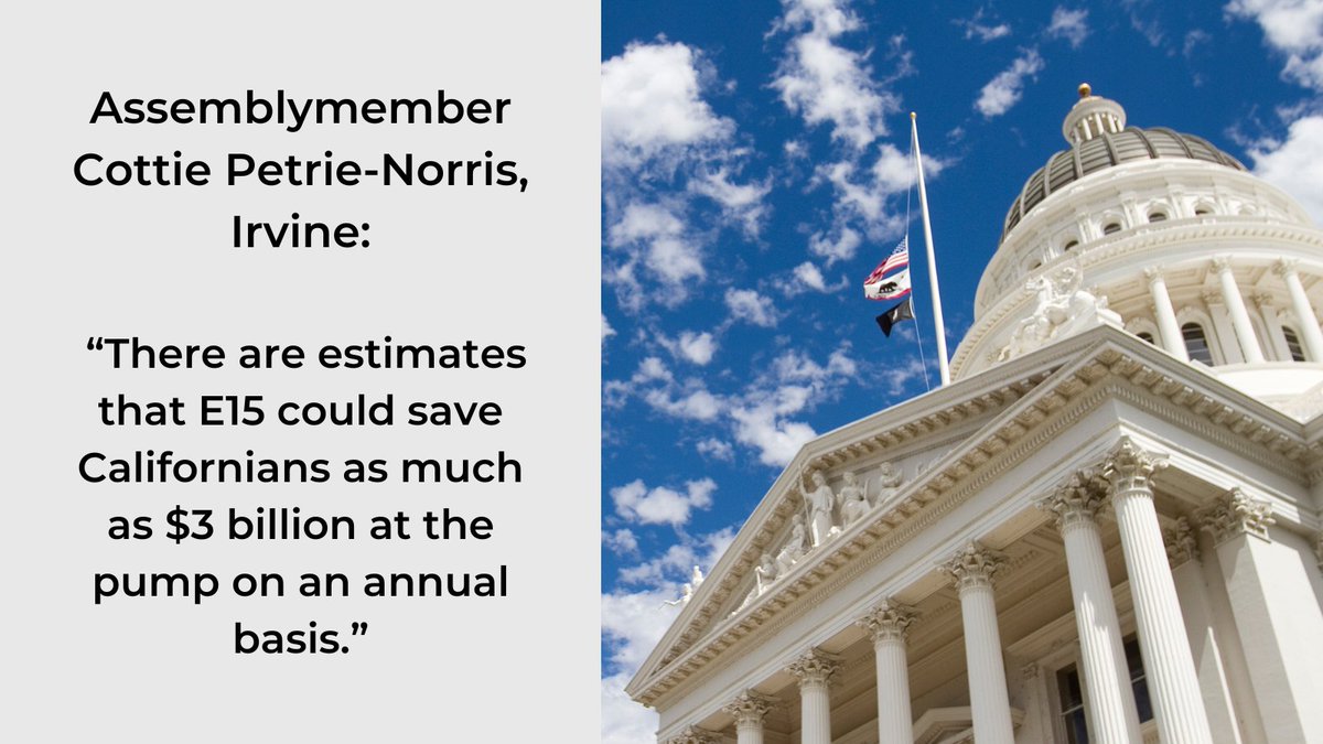Renewable Fuels Association (@ethanolrfa) on Twitter photo As California's E15 bill moves toward Senate consideration, we're grateful for <a href="/AsmCottie/">Assemblywoman Cottie Petrie-Norris</a>'s leadership and support. California families deserve lower-cost, lower-carbon fuel. As California's E15 bill moves toward Senate consideration, we're grateful for <a href="/AsmCottie/">Assemblywoman Cottie Petrie-Norris</a>'s leadership and support. California families deserve lower-cost, lower-carbon fuel.