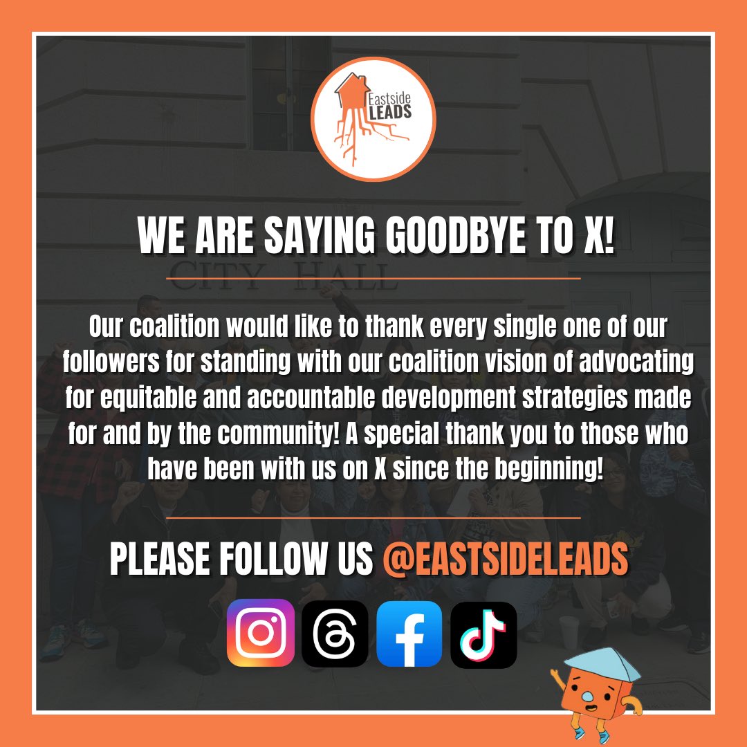 EastsideLEADS's tweet image. 🚨WE ARE SAYING GOODBYE TO X!🚨

Please follow @eastsideleads on Instagram, Threads, Facebook, and TikTok!

Visit our website to learn more about our coalition: eastsideleads.org 🗣️🏠✊🏽