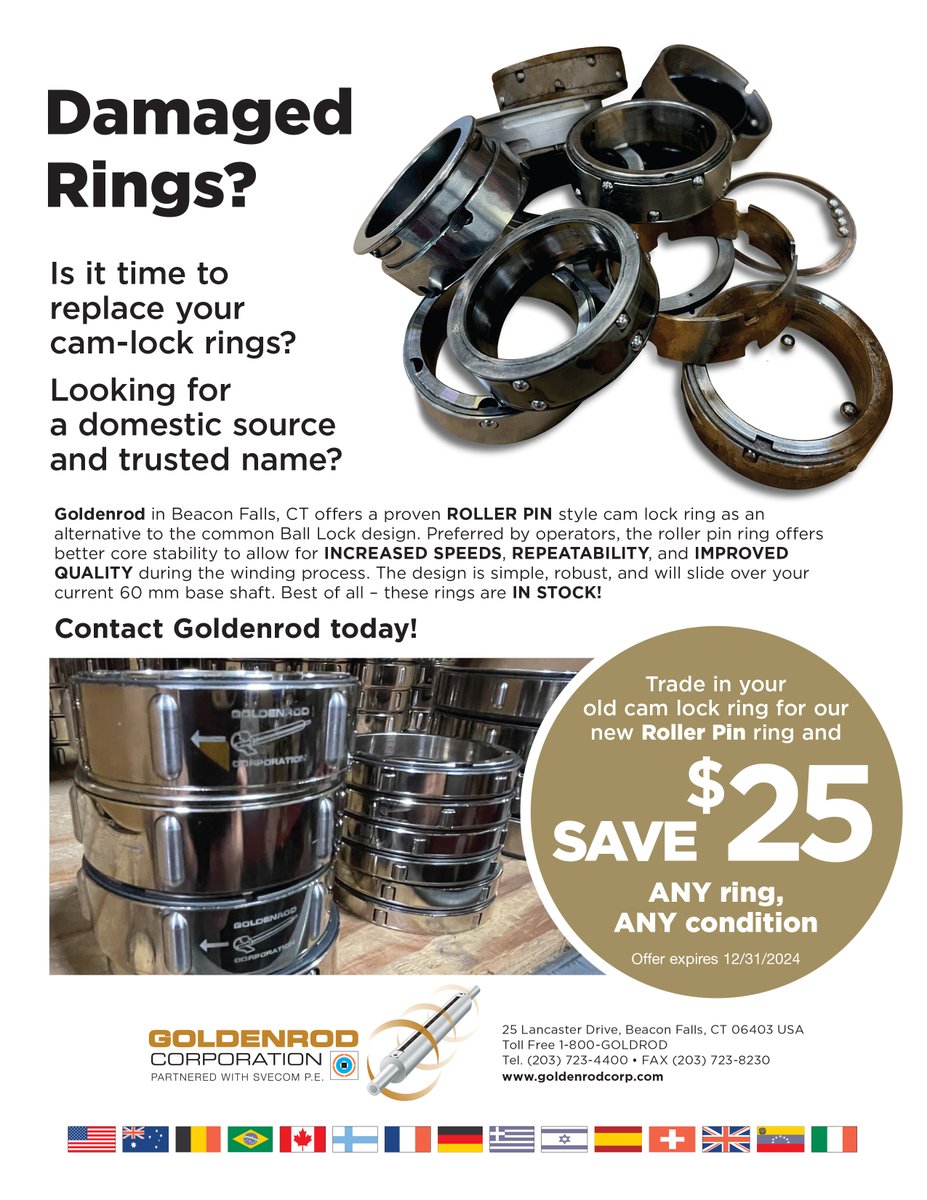 Damaged Cam-Lock Rings? Trade in your old rings and get $25 off a new 'Pin' ring from Goldenrod!  Contact us today to learn more:   +1-203 723-4400 or info@goldenrodcorp.com #converting #winding #shafts