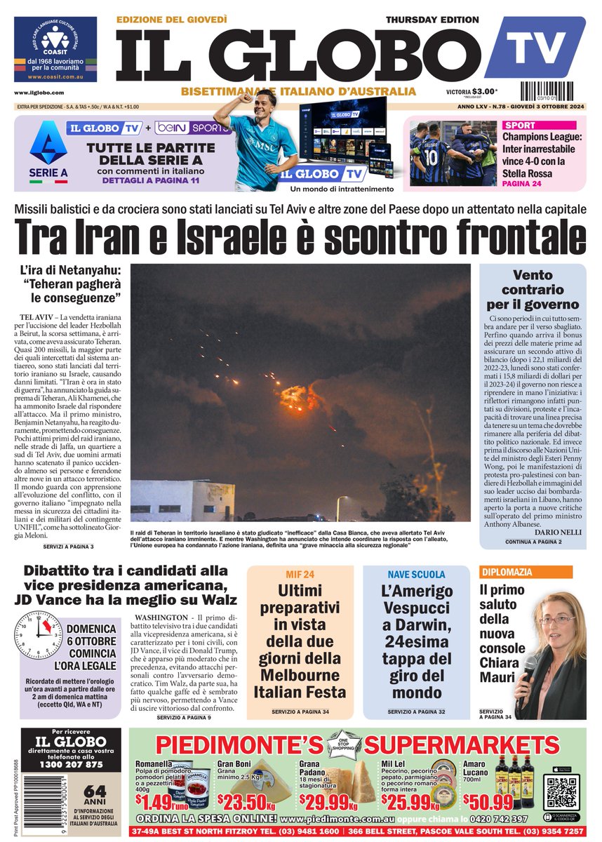 Get a copy of today's paper for the latest news from around the world, including updates on the the Israel-Iran war, the first speech by the new Consul of Italy in Melbourne and the arrival of the Amerigo Vespucci in Darwin.
Subscribe to IL GLOBO:
ilglobo.com/en/accounts/re…