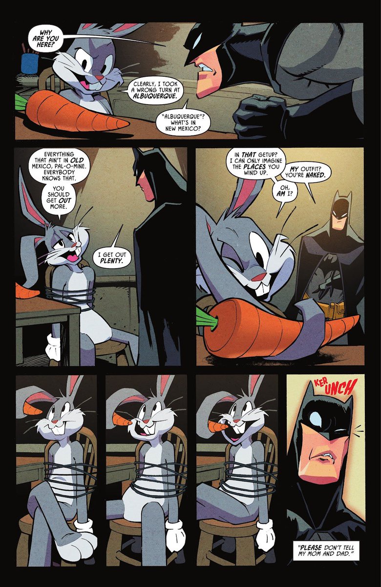 JonSommariva's tweet photo. Batman interrogates Bugs Bunny in the latest issue of Multiversus: collision detected by @bryanQmiller and me (and @MattHerms on color)

Bonus points if you got the movie reference at the end of page 2! 😂 https://t.co/kht9Sn0MaR