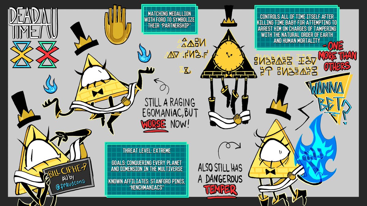 official bill cipher design for the #DeadTimeAU! he successfully convinced ford to join him in not only starting weirdmageddon on earth, but in spreading chaos across the entire multiverse, and he couldn’t be happier

#GravityFalls #GravityFallsAu #BillCipherFanart #billford