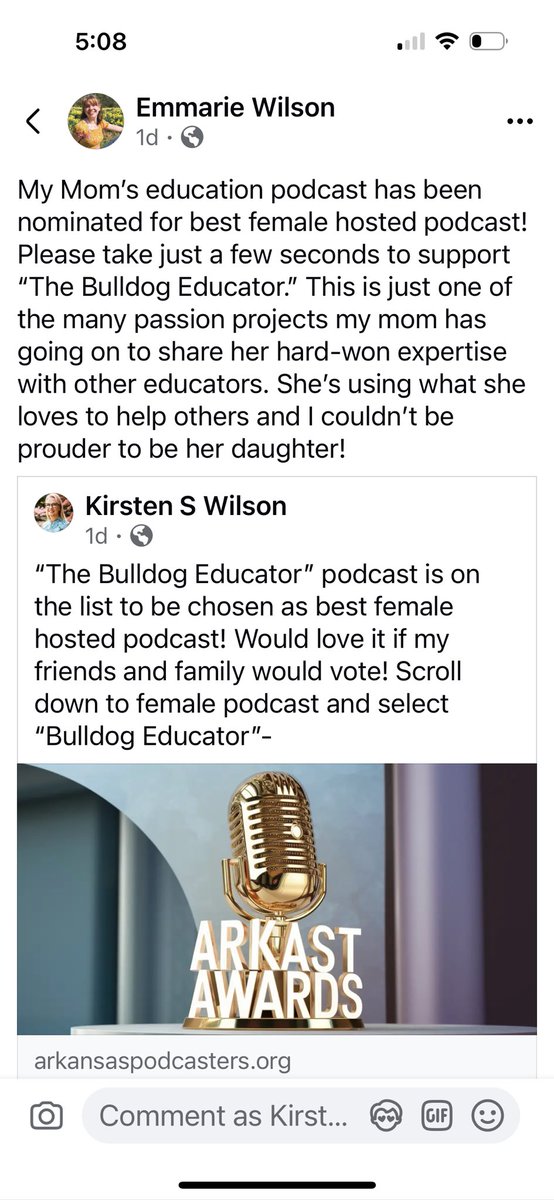 Humbled “The Bulldog Educator” podcast was nominated for best woman led podcast in Arkansas. It’s an entirely diff emotion when your kids champion for you. Please go and vote:  ➡️woman led podcast category➡️select “Bulldog Educator.” #podcast #edupodcast arkansaspodcasters.org/vote