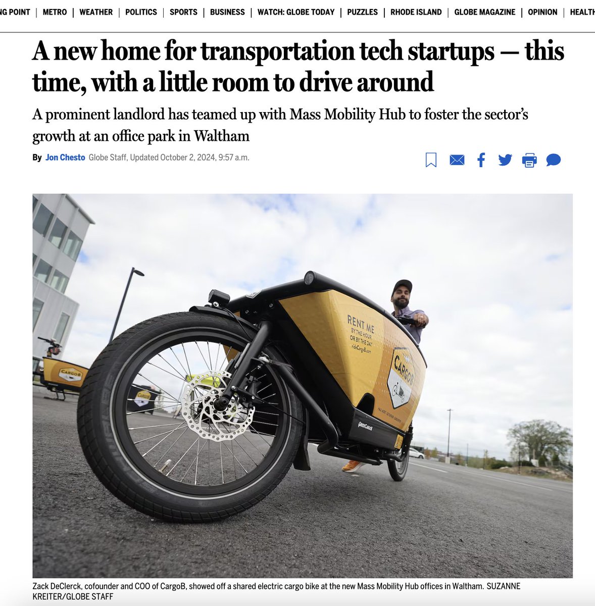 We had a great gathering in Waltham today with fellow mobility start-ups thanks to a new partnership between <a href="/MassMobilityHub/">Mass Mobility Hub</a> and <a href="/SustainableBXP/">Boston Properties</a>. Here's to a brighter transportation future!
bostonglobe.com/2024/10/02/bus…