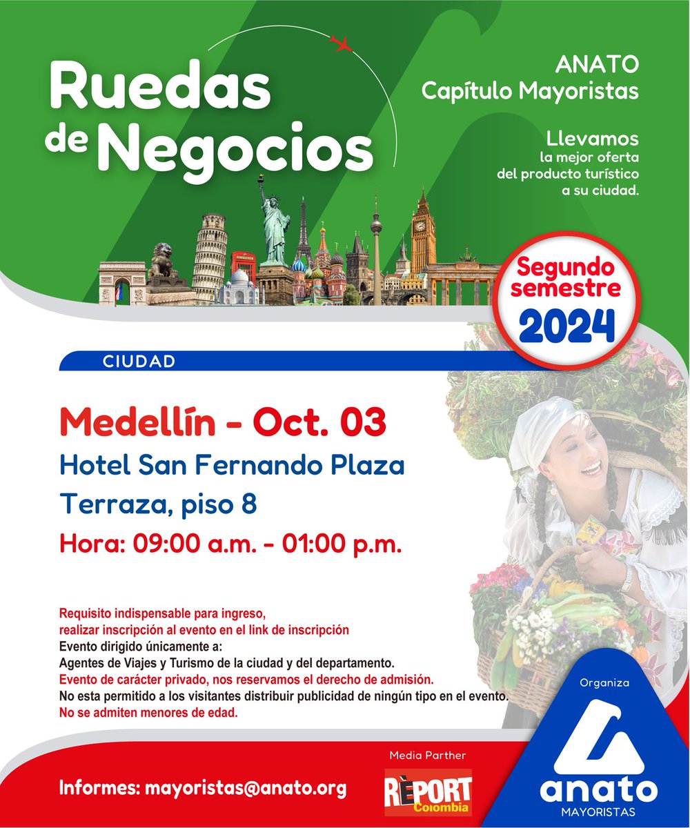 ¡Nos complace invitarlo a la Rueda de Negocios del segundo semestre en MEDELLIN, organizada por ANATO CAPITULO MAYORISTAS!

Fecha: 3 de Octubre de 2024

Requisito indispensable realizar inscripción.

Inscripciones: forms.gle/BcxdSMFkVqDFaz…
