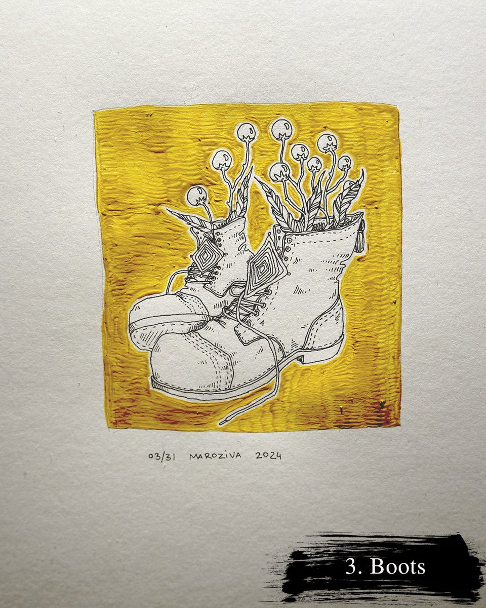 maroziva's tweet photo. in your favorite shoes even to the ends of the earth
paper, acrylic, ink A4 price: 100zl

#liner #acrylic #graphics #illustration #boots #opening2024 #inktober2024 #inktoberday3 #interiorboots #illustrationplants #maroziva #marozivaart https://t.co/NsBOxAu1o6
