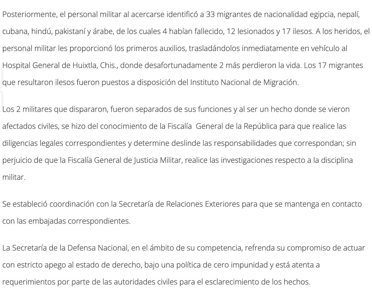 🔴#Atención | Militares disparan contra migrantes en el tramo Villa Comaltitlán-Huixtla, Chiapas, dejando 6 personas fallecidas y 10 lesionadas.

La @SEDENAmx informó que abrieron fuego luego de que presuntamente escucharon detonaciones.  Los dos militares que dispararon fueron