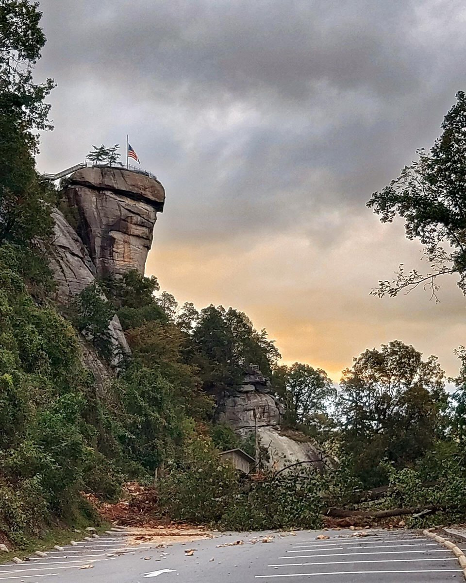 schwanman69's tweet photo. A state park team made it up to the chimney rock to raise the American Flag this morning. #WNCStrong
