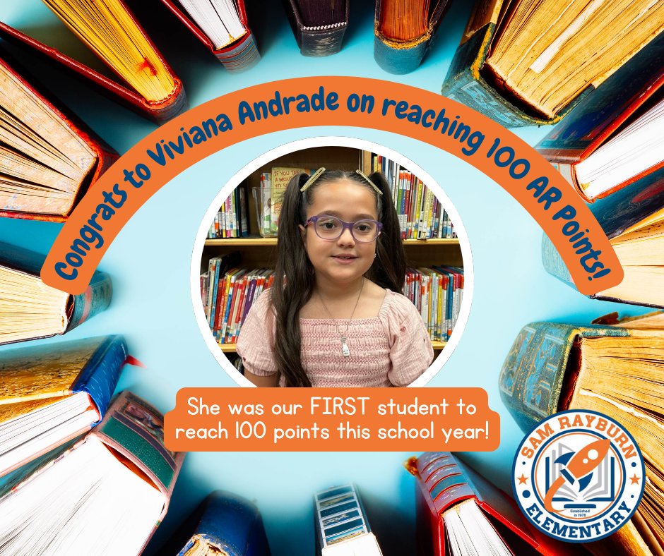 Rockets120's tweet photo. Congratulations to Viviana Andrade for being the first student at Rayburn Elementary to reach 100 AR points! 🎉📚 Your hard work and dedication to reading inspire us all! Keep it up, Vivi! #RayburnReaders #RocketProud #100ARPoints https://t.co/C4DShu012I