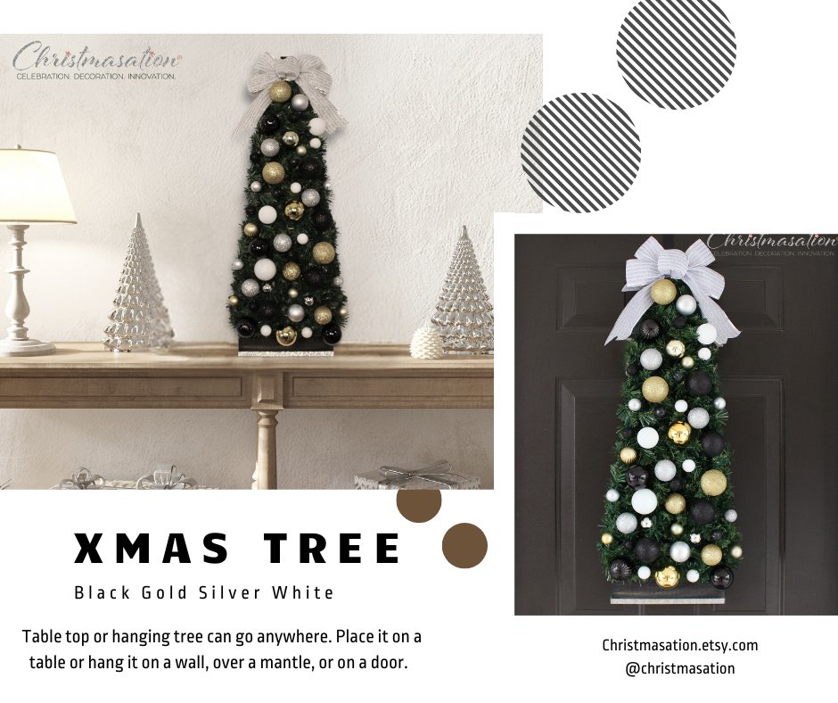 christmasation's tweet photo. This Table Top or Hanging 36" Black Gold Silver White Bling Christmas Tree is the perfect decorating piece for Christmas. Hang it on a wall, door, window or place it on a tabletop. ON SALE
https://t.co/jKufTbjqbr
#hangingtree #tabletoptree #hangingchristmastree #petfriendly https://t.co/KbNtW1Le8M