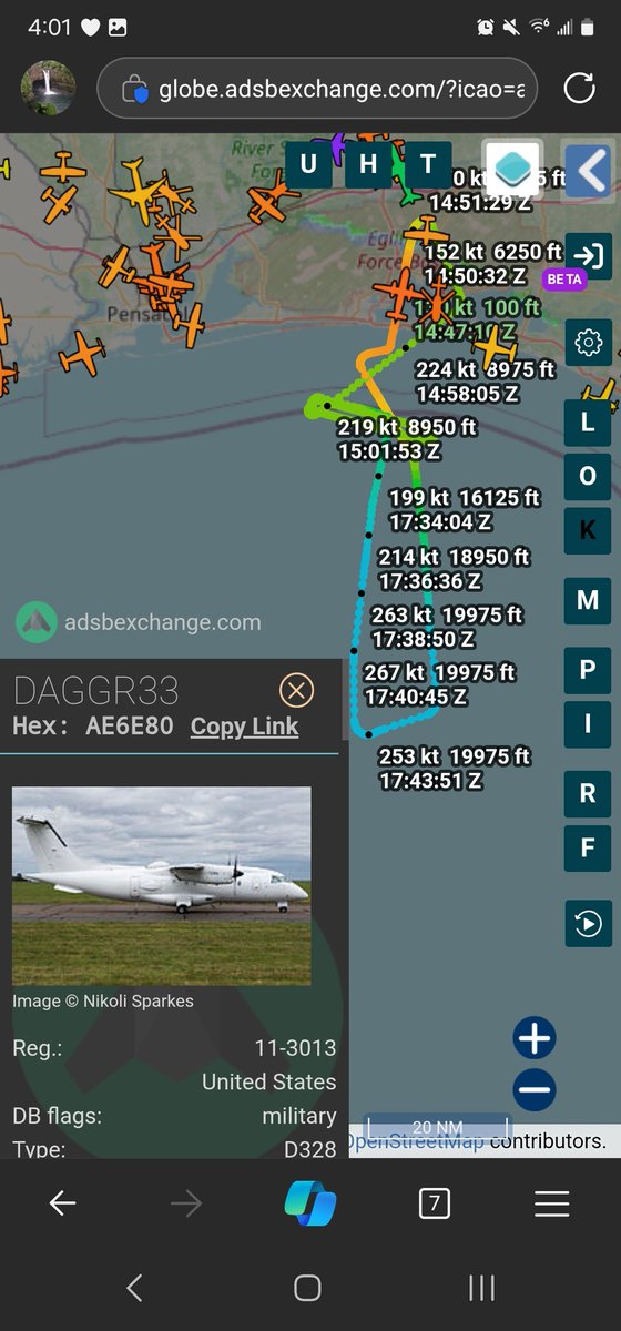 norb420's tweet photo. 8) #AE6E80 as #DAGGR33
#AD0ADF as #MTH4
#A4064C as #MTH9
#AAF67D as #SCAN05
#ADFE5B as #HYDRA16
Largely the same as the past couple of days. #HYDRA16 joined in on the fun flying its pattern further south than the others at an altitude of 10,000 feet. Towards the end of the test #DAGGR99 broke its racetrack pattern changed to a southern heading and climbed altitude to 20,000.