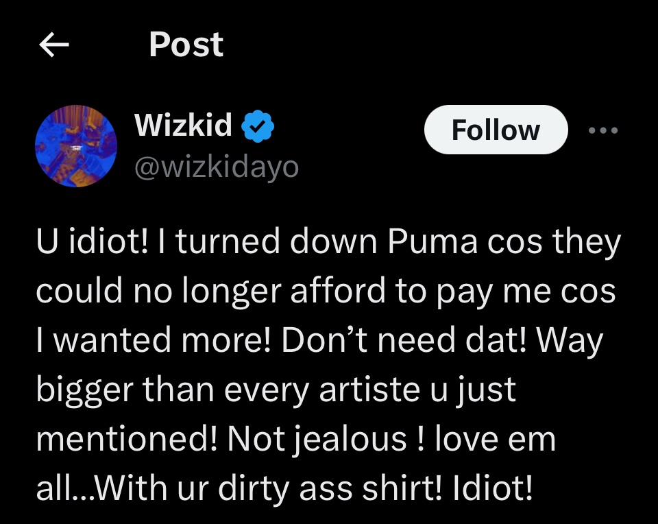 ThuqSydOss's tweet photo. @wizkidayo You’re finish mhen. You need help. You wanted more money from puma but now you telling us that money means nothing to you…speedy recovery,get well kid. https://t.co/NEMiGRuLHf