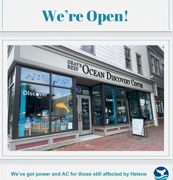 GraysReefNMSF's tweet photo. To those in our Savannah community and surrounding areas still waiting for power after Hurricane Helene, the Ocean Discovery Center is open! Come enjoy free AC, charge your electronics, and hang out with us. Open from 10 am - 4 pm Wednesday to Friday. https://t.co/W2Uj6FSm2e