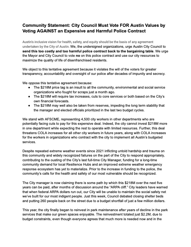 EquityActionATX's tweet photo. Austin community groups say NO to allowing the police to defund the city and undermine voter-mandated oversight.  https://t.co/YsC9zhySF6 https://t.co/RqoYA5cFP7