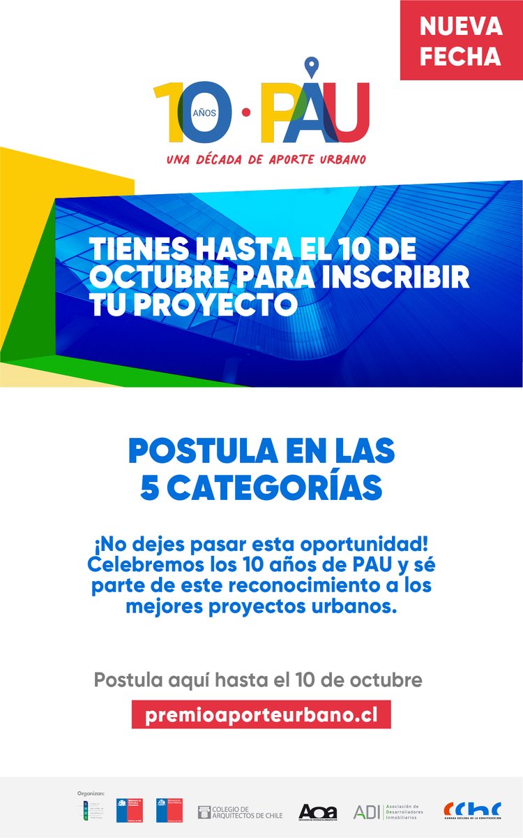 ¡PAU 2024 extiende sus postulaciones! Si participaste en algún proyecto que impacte positivamente en la calidad de vida de las ciudades, te invitamos a postular al Premio Aporte Urbano hasta el próximo 10 de octubre. Más información en premioaporteurbano.cl