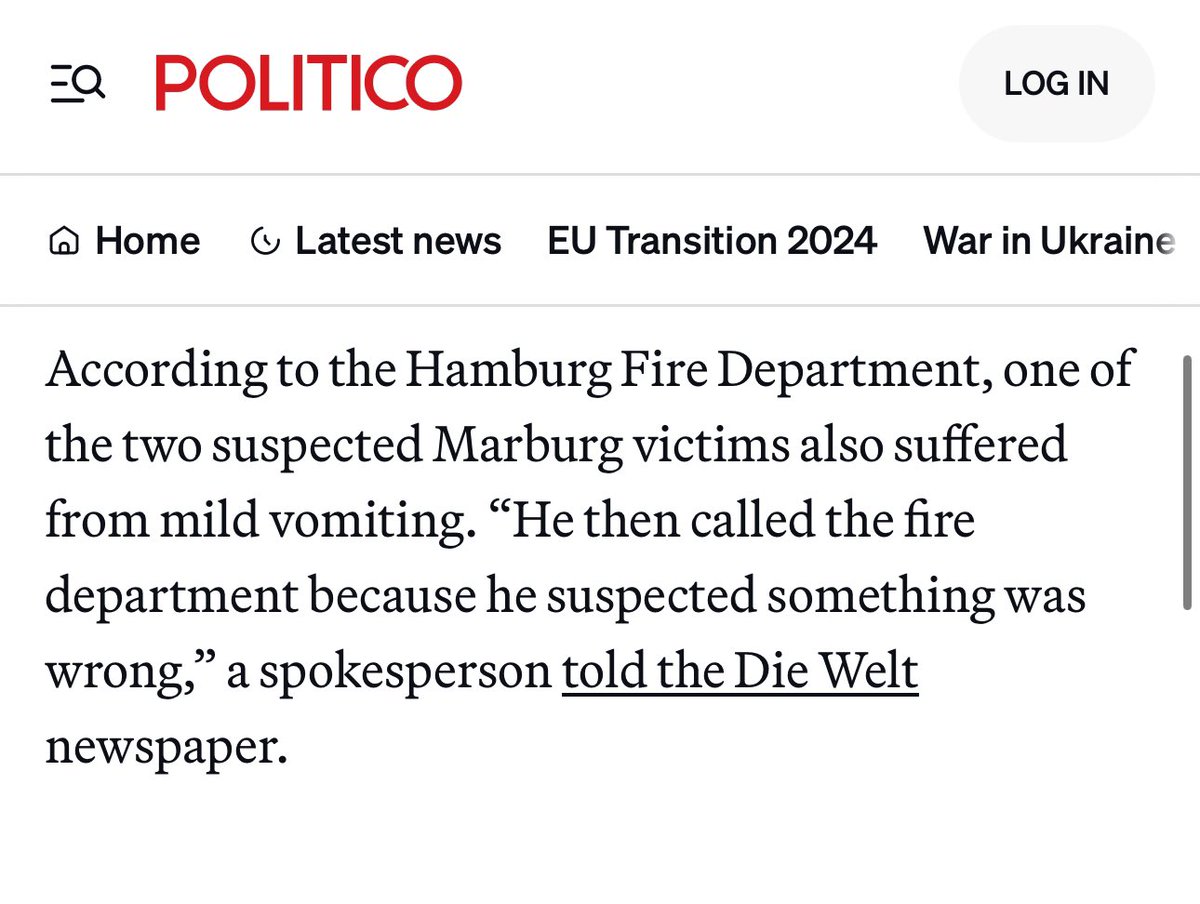 LauraMiers's tweet image. I think I am having an out-of-body experience. 

“Suspected Marburg victim” vomited on the train, but it’s “mild vomiting.”

If MVD makes its way to the U.S., we will never contain it—just saying. politico.eu/article/hambur…