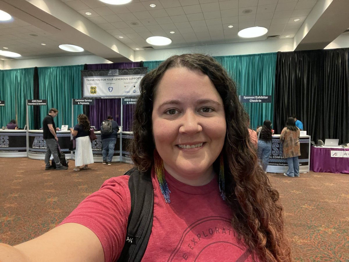 ErinIshimoticha's tweet image. I’m checked in at the @AISES National conference! Got my swag, found the @SpaceX booth, ‘skoden!! #NativesInTech #NativesInStem