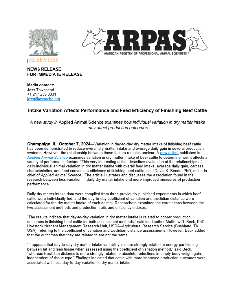 ARPAS_PAS's tweet photo. ARPAS Press Release: Intake variation affects performance and feed efficiency of finishing beef cattle https://t.co/W7SHiRXgex