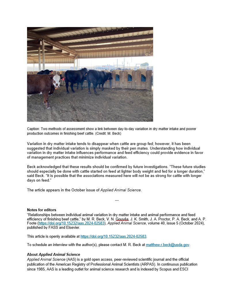 ARPAS_PAS's tweet photo. ARPAS Press Release: Intake variation affects performance and feed efficiency of finishing beef cattle https://t.co/W7SHiRXgex