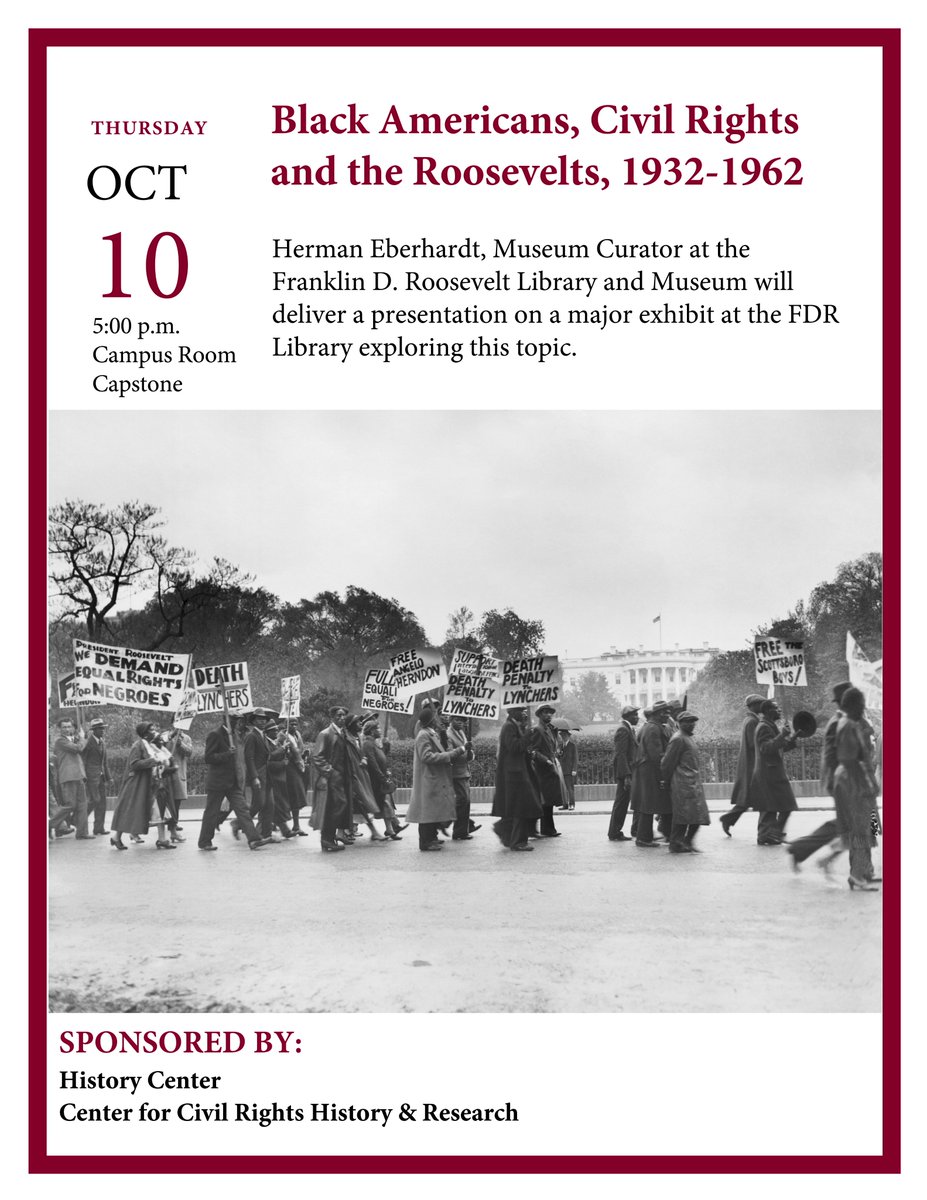 We are excited to co-sponsor an event with the History Center to welcome Herman Eberhardt to @uofsc! Herman Eberhardt, a museum curator at the Franklin D. Roosevelt Library and Museum, will discuss “Black Americans, Civil Rights, and the Roosevelts from 1932-1962.” 1/2