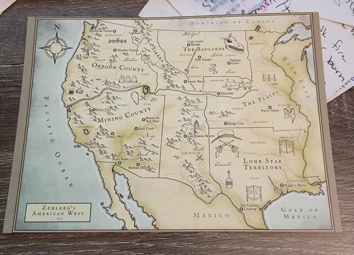 They're here! Postcards of the gorgeous map <a href="/Dewiwrites/">Dewi - Map Artist 🏹🕯</a> created of Zehlreg's American West! I'm so excited to send these out soon. 🤠
<a href="/MarcTizura/">Marc Tizura</a>
