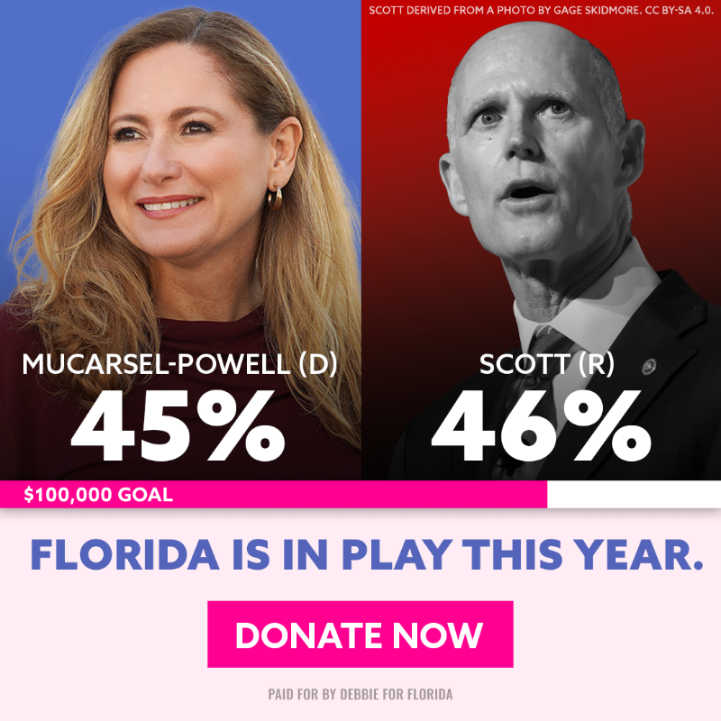 DebbieforFL's tweet photo. Would you give $5 if you knew that Democrats lost Florida’s last Senate race by just 10,033 (0.12%!) votes — and polls show this race essentially tied?