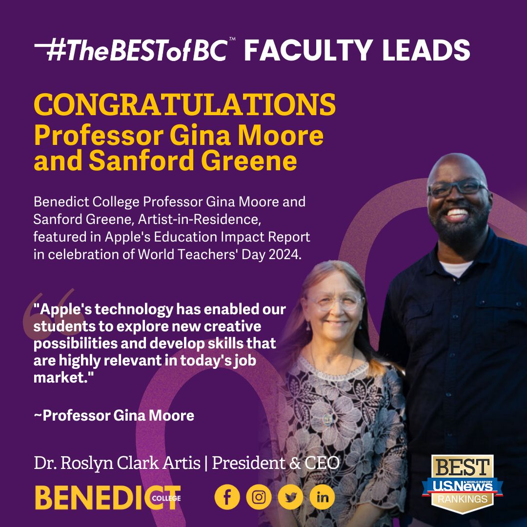 Benedict College (@benedictedu) on Twitter photo Congratulations to Benedict College Professor Gina Moore and Sanford Greene, Artist-in-Residence, featured in Apple's Education Impact Report released in celebration of World Teachers' Day 2024.
#TheBESTofBC
<a href="/AppleEDU/">Apple Education</a>
Read their story (pages 39-40): buff.ly/47PupZw Congratulations to Benedict College Professor Gina Moore and Sanford Greene, Artist-in-Residence, featured in Apple's Education Impact Report released in celebration of World Teachers' Day 2024.
#TheBESTofBC
<a href="/AppleEDU/">Apple Education</a>
Read their story (pages 39-40): buff.ly/47PupZw
