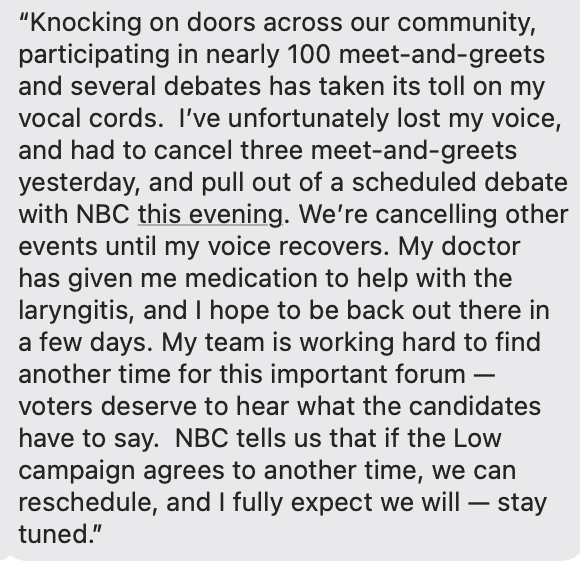 brandonphooo's tweet photo. .@sliccardo cancels tonight's #CD16 debate on @nbcbayarea. Statement from Liccardo below: https://t.co/jKOCvCVLh5