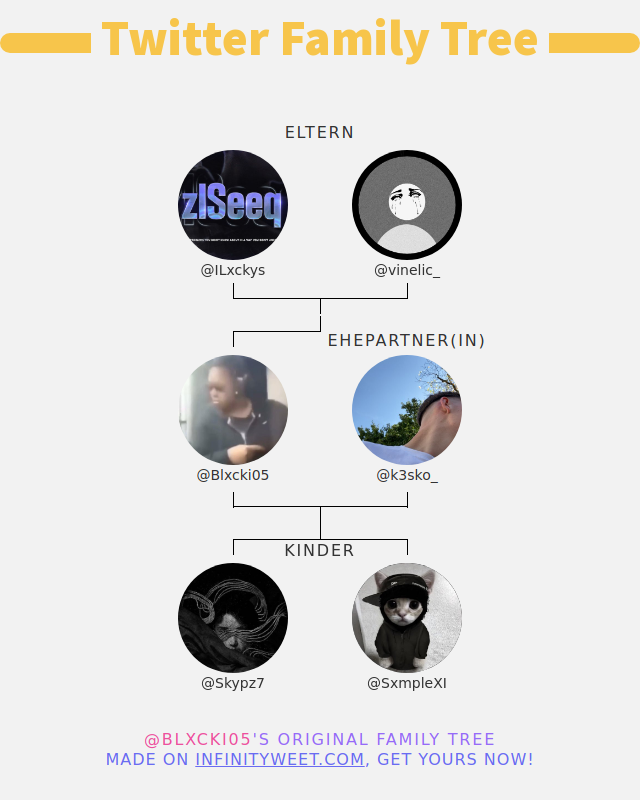 Blxcki05's tweet photo. 👨‍👩‍👧‍👦 meine Twitter-Familie:
👫 Eltern: @ILxckys @vinelic_
👰 Ehepartner(in): @k3sko_
👶 Kinder: @Skypz7 @SxmpleXI

➡️ https://t.co/o81bPbb8qn https://t.co/MmohFQ4TzC