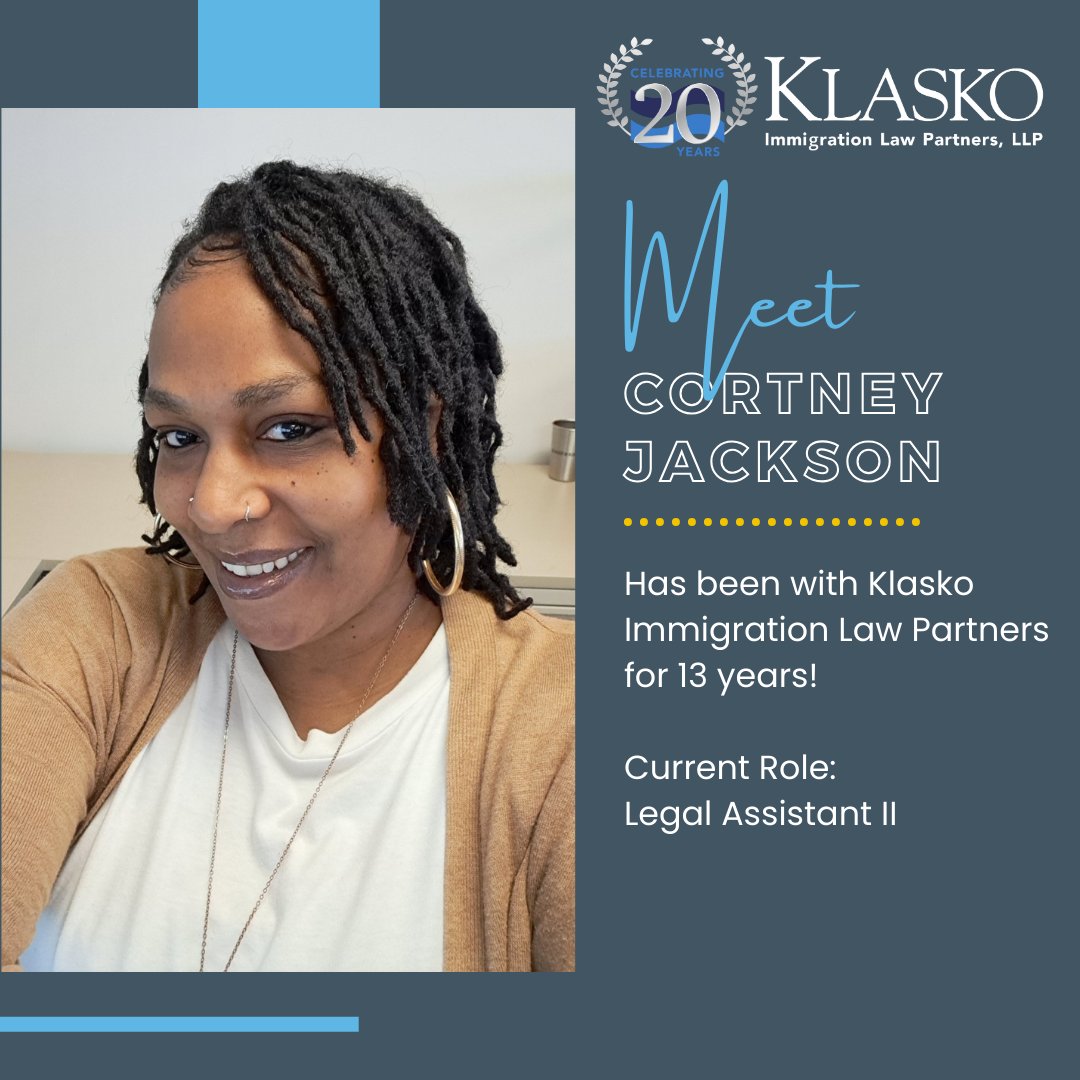 Meet Cortney Jackson! She's been with Klasko Immigration Law Partners for 13 years! Head over to our Instagram at @klaskoimmigrationlaw to learn more about Cortney and her experience at Klasko. Or head over to our website for the full interview here: ow.ly/QlCl50TBCvQ